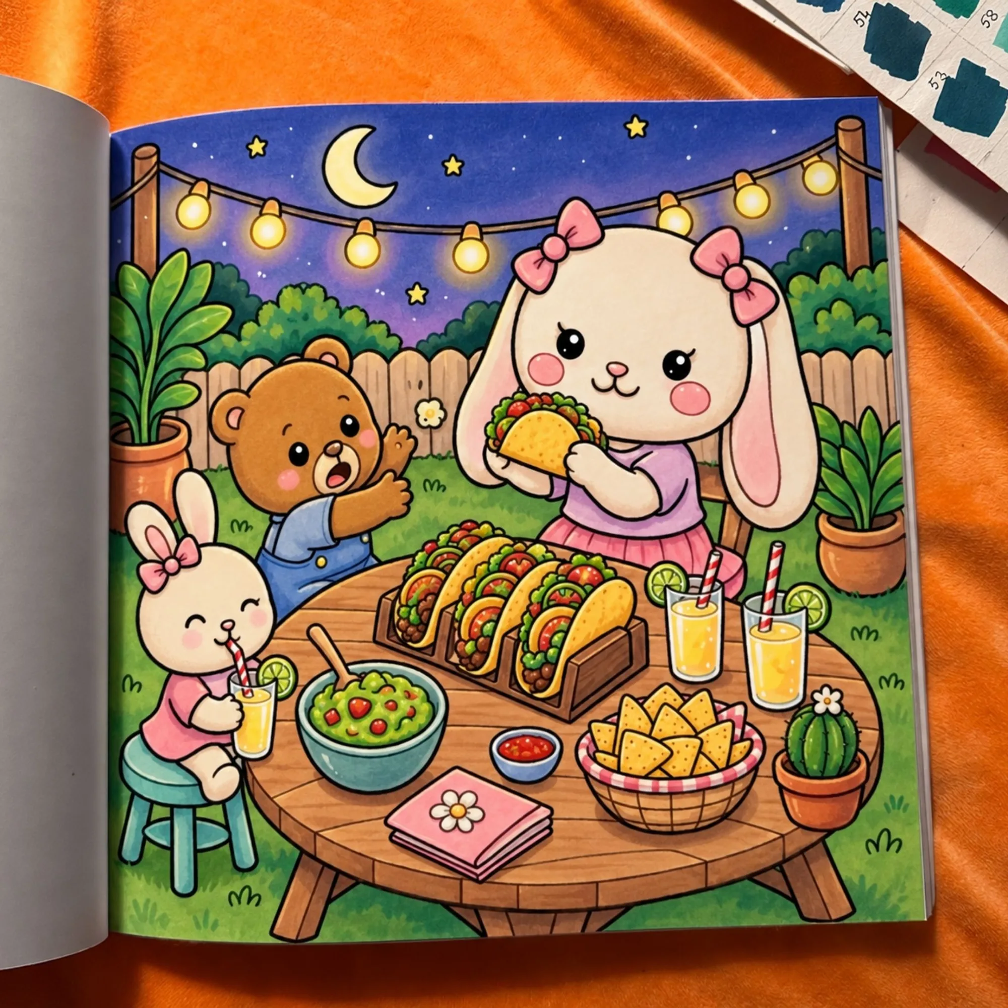 Dottie și prietenii mănâncă tacos — pagină colorată din carte