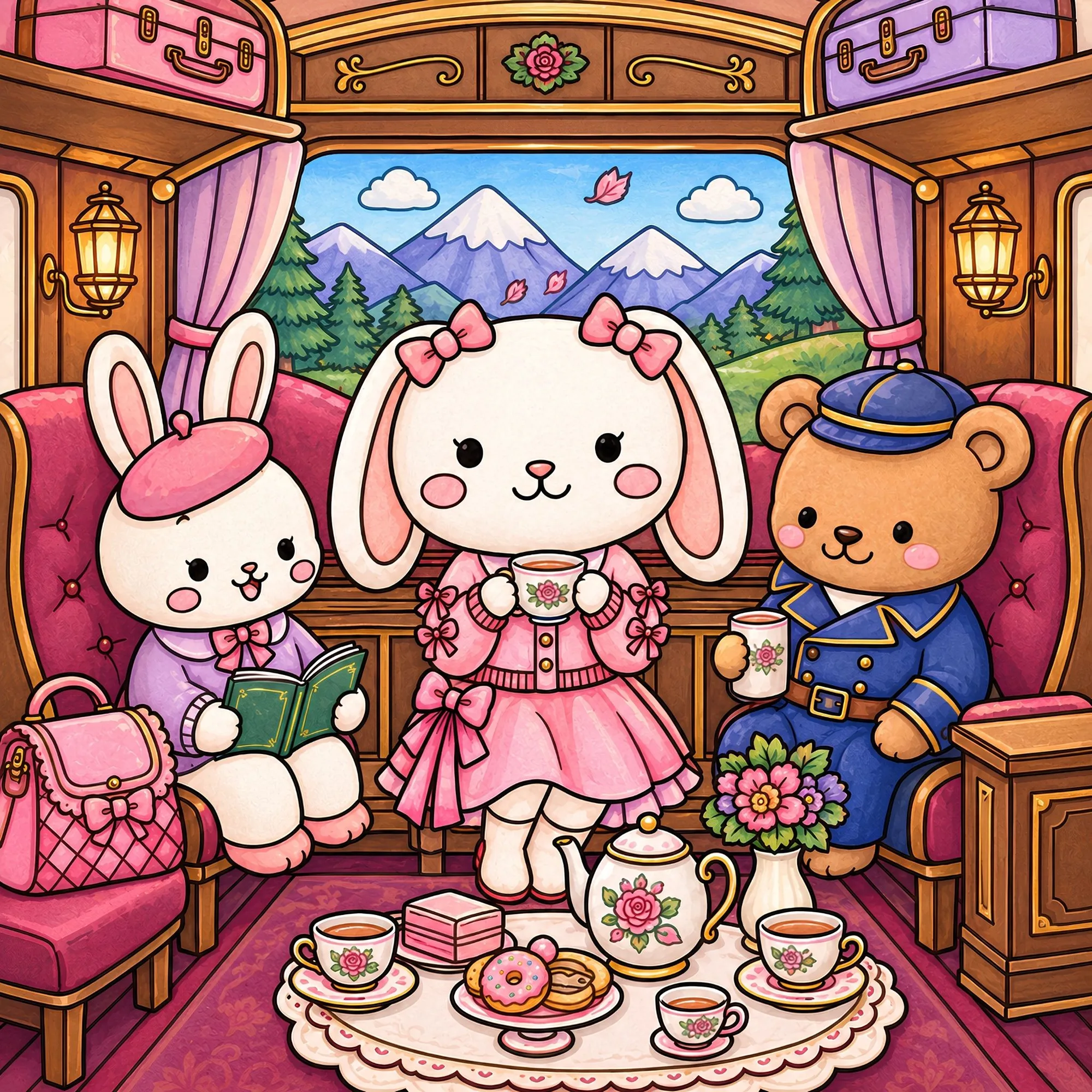 Dottie and friends on a train tea party — colored page from the book