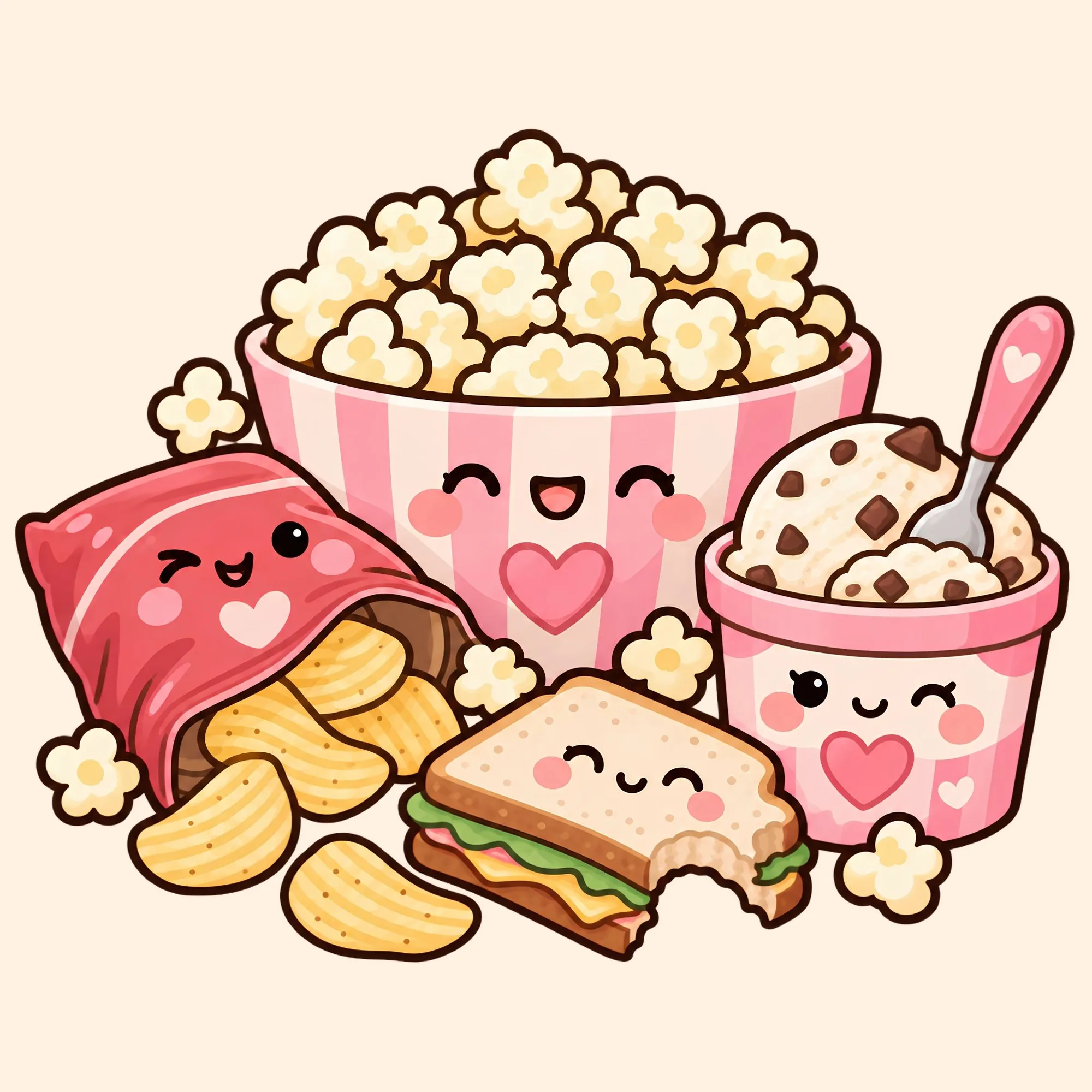 Plates & Places — gustări kawaii: popcorn, sandviș, înghețată
