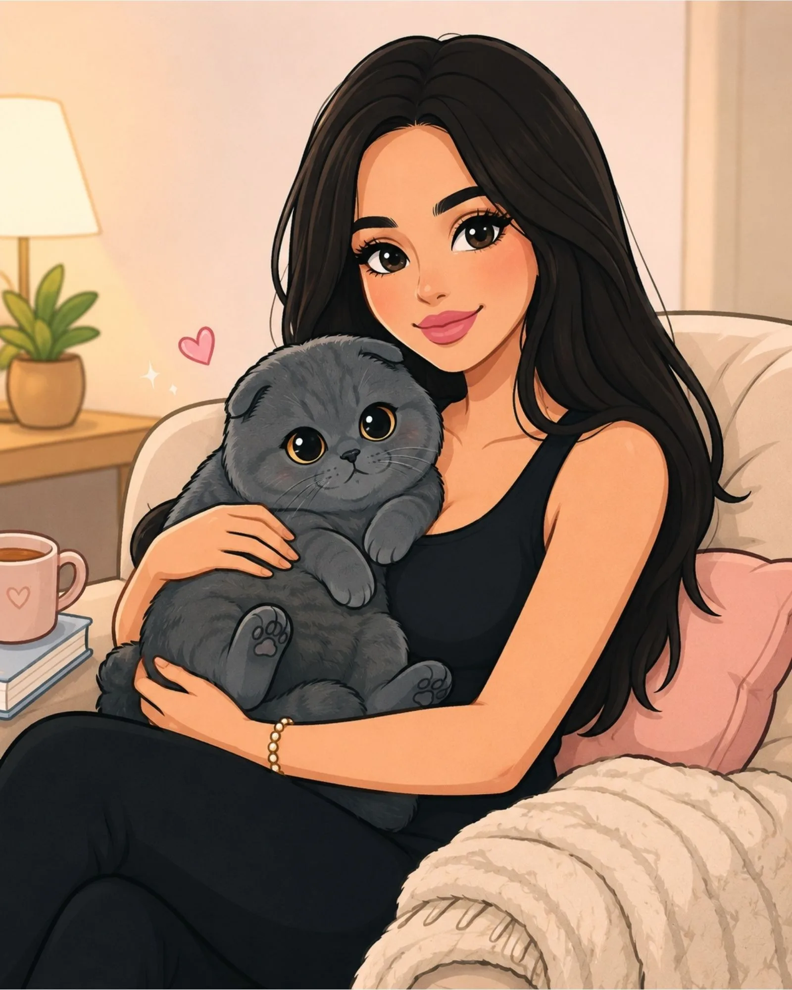 Felicia holding Marbel, the Scottish Fold cat
