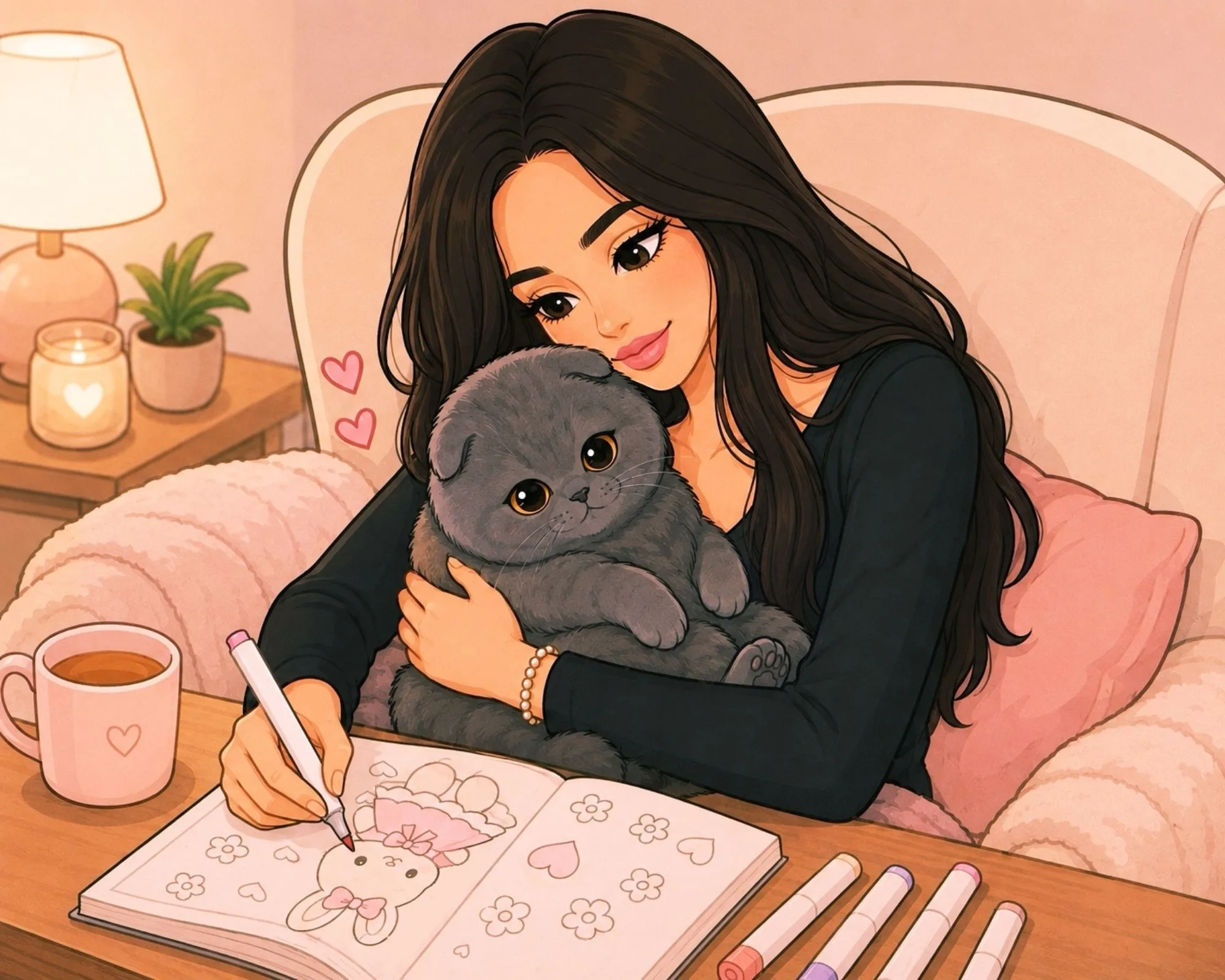 Felicia hugging Marbel while coloring
